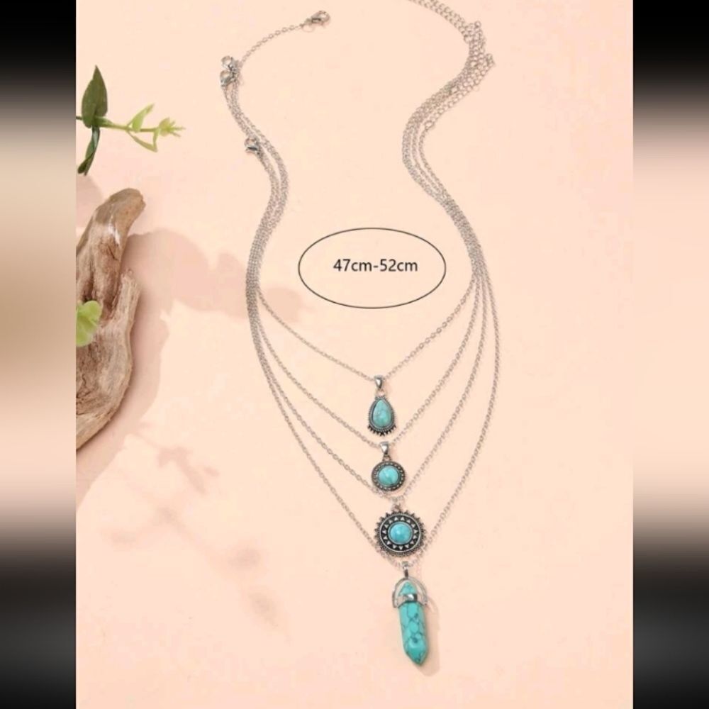 Silver Multi Layered Turquoise Pendant Necklace - Picture 2 of 3